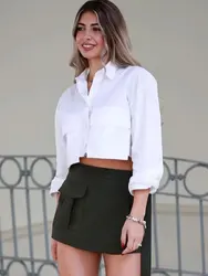 HH 2024 dames trendy effen causale blouse lange mouwen met zakken trim turn-down kraag chique shirts veelzijdige tops