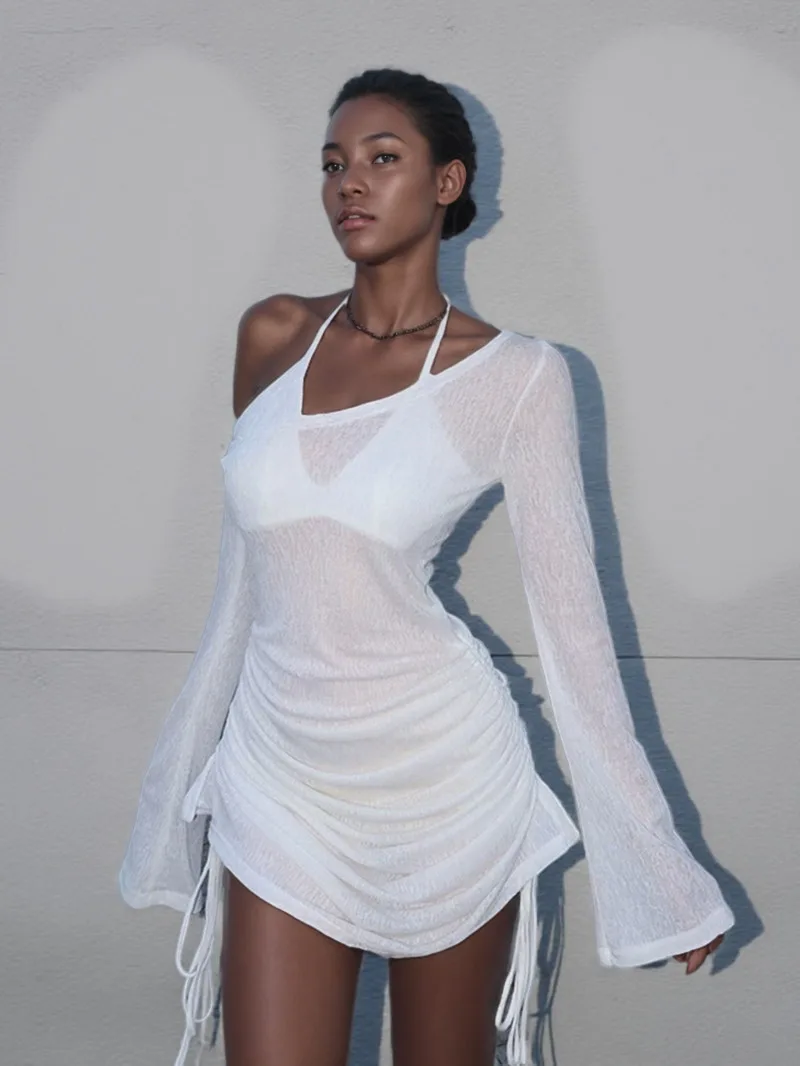 Solid Skew Collar Ruched Straps Lace-Up See Through Draw String Mini Dress 2025 Summer Women Party Clubwear Wholesale 66JT