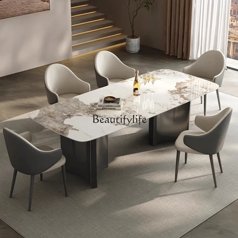 

Italian light luxury rectangular rock slab dining table household light modern simplicity