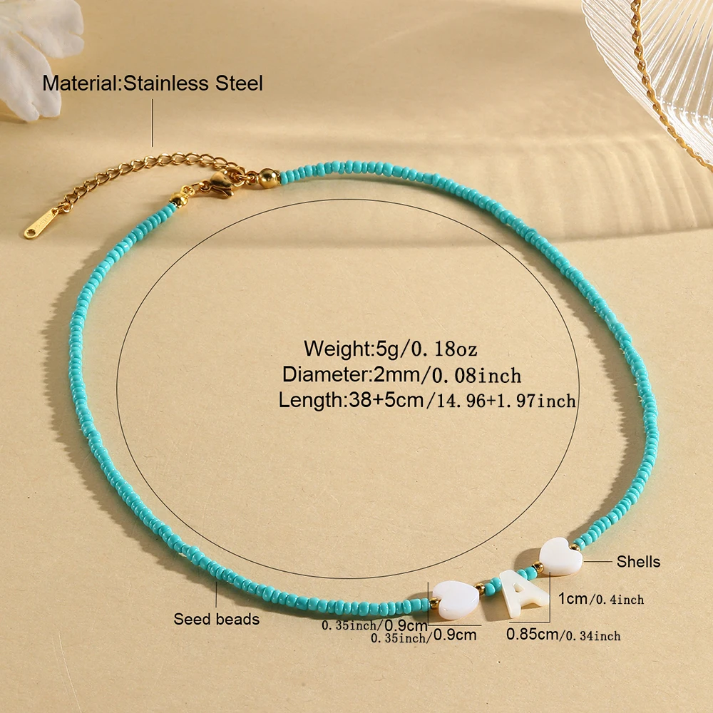 26 Letter Stainless Steel Tail Chain, Blue Millet Bead Necklace, Shell Heart Letter, Women\'s Jewelry