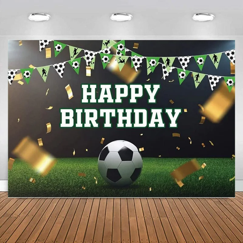 Soccer Happy Birthday Party Backdrop Football Stadium Gold Ribbon Photography Background for Kids Boys Baby Decoration Banner