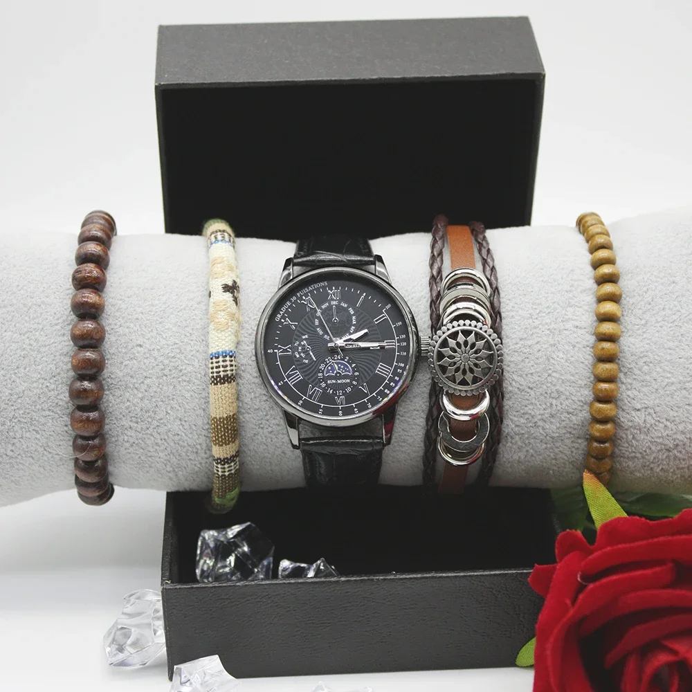 스테인레스 스틸 방수 시계 세트, 레트로 패션 팔찌, 운동용 상자 포함, 5 개