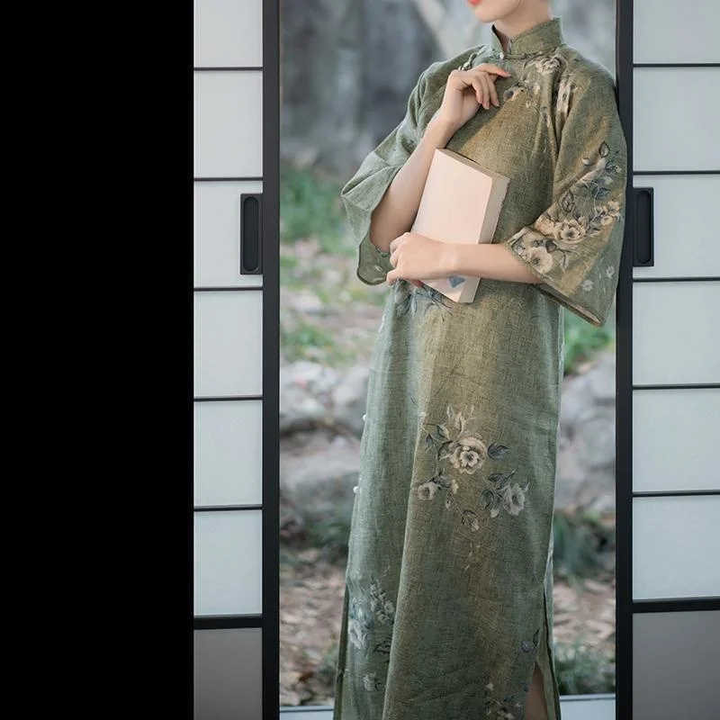 Retro Chinese Style Hanfu 2024 Spring And Summer New Linen Print Middle Sleeve Loose Cheongsam Thin Long Dress