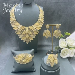 Italian Nigeria 18K Gold Plated Jewelry Set Luxury Women Original Leaf Necklace Earrings Bracelet Ring Bridal Wedding Party Gift