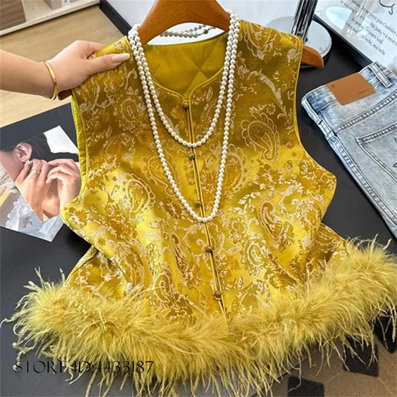 New Chinese Style Cheongsam Vest Jacket Traditional Chinese Hanfu Tang Style Top Retro Brocade Jacquard Feathers Qipao Waistcoat