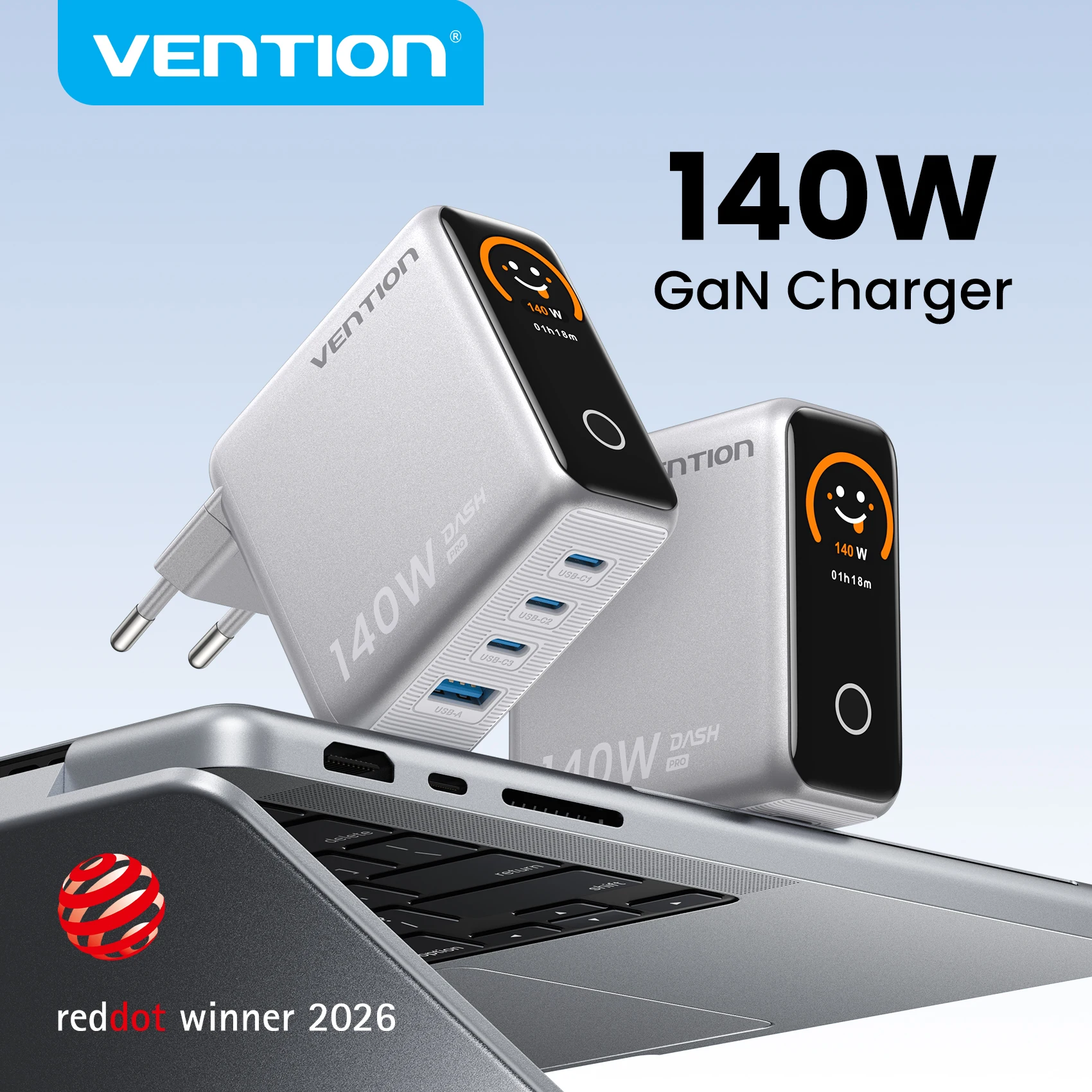 Vention 140W GaN-Ladegerät mit Smart-Display USB-C-Ladegerät für iPhone 16 15 14 Xiaomi Samsung Galaxy Laptop Handy