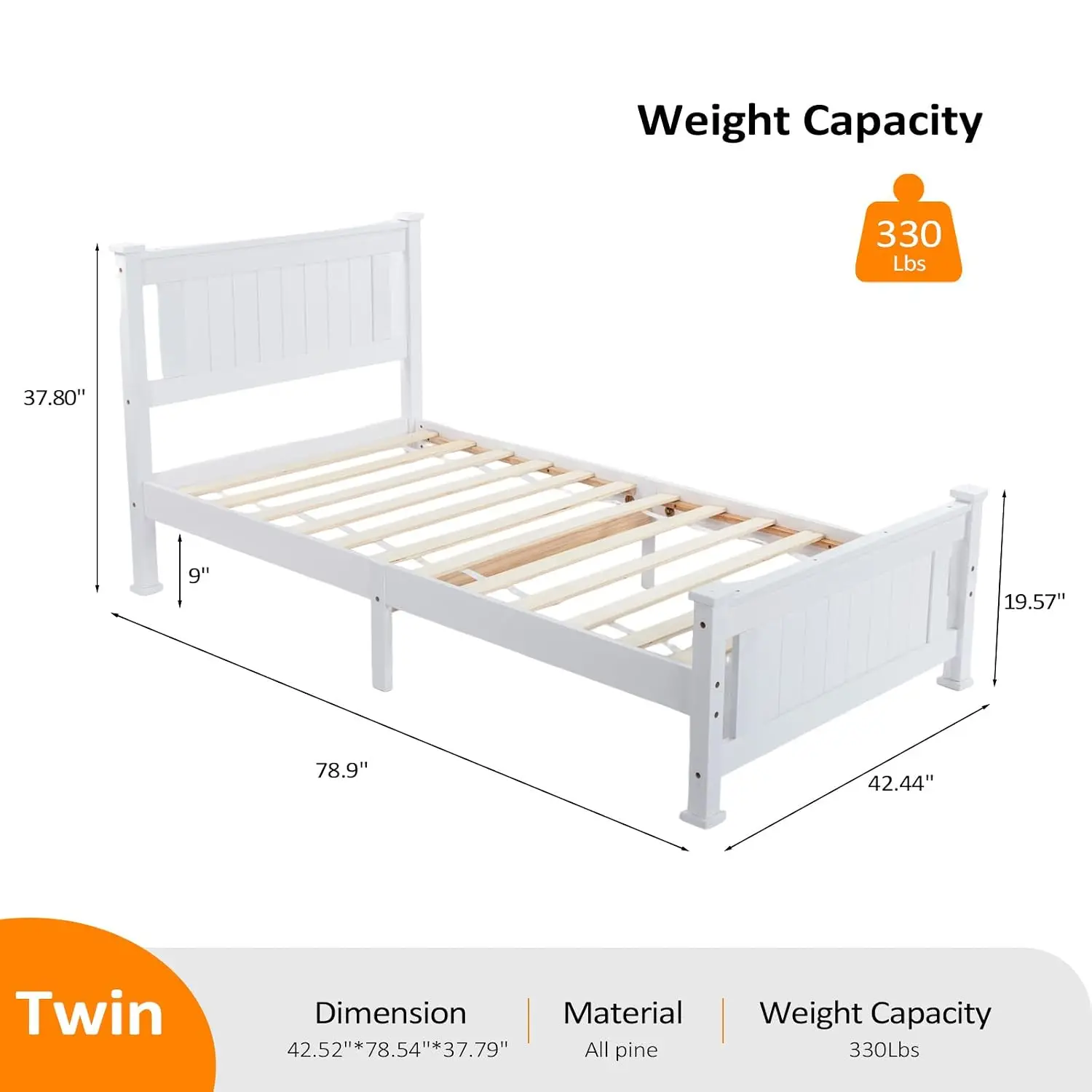 Twin Bed Frame Set of 2 Solid Wood Platform with Headboard No Box Spring Slat Support White, Customized