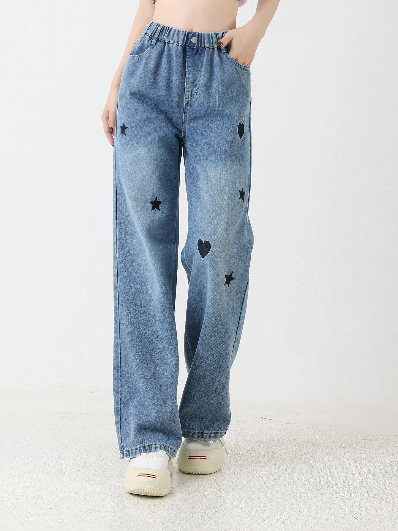 

Teenage Girls Heart Print Long Skinny Jeans School Style Loose Wide Leg Casual Straight Leg Pants for Preteens And Teens