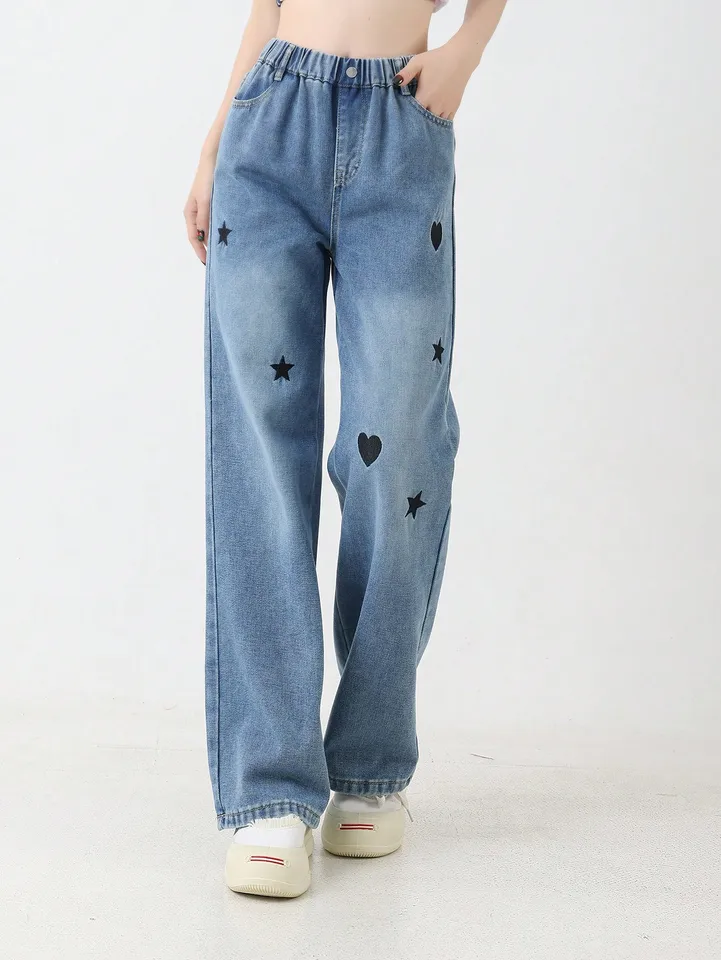 Teenage Girls Heart Print Casual Wide Leg Jeans