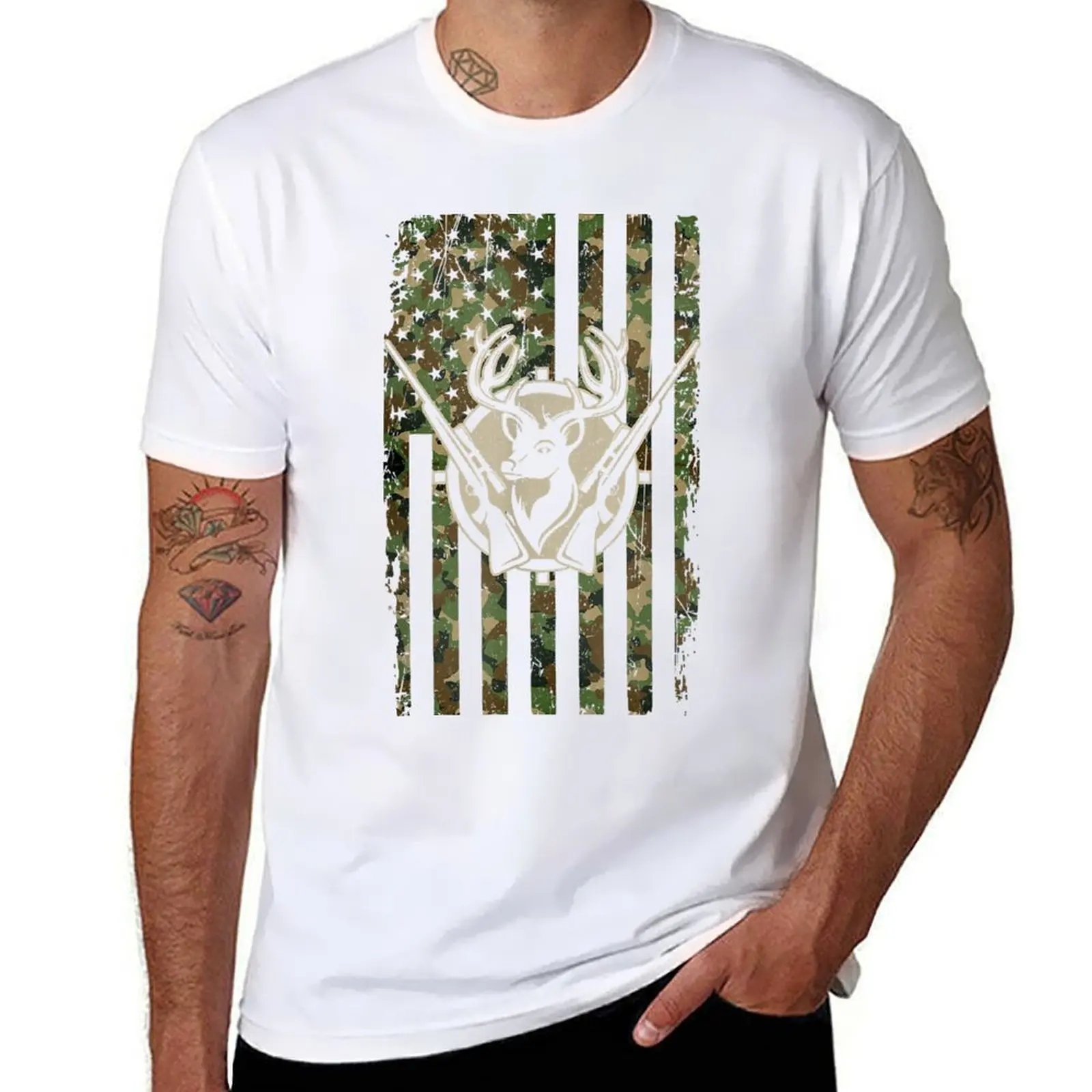 

Whitetail Buck Deer Hunting American Camouflage USA Flag T-Shirt Work Outdoor T-Shirt for Men