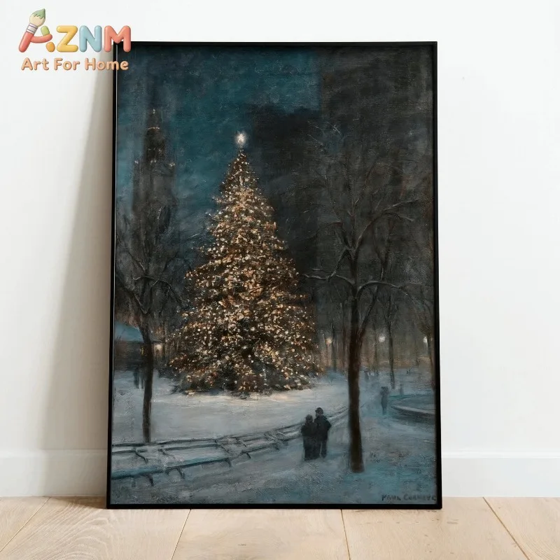 Vintage City Park Christmas Tree Canvas Wall Art Snowy Night Scene Moody Winter Xmas Home Wall Print Unframed Canvas Poster - view 3