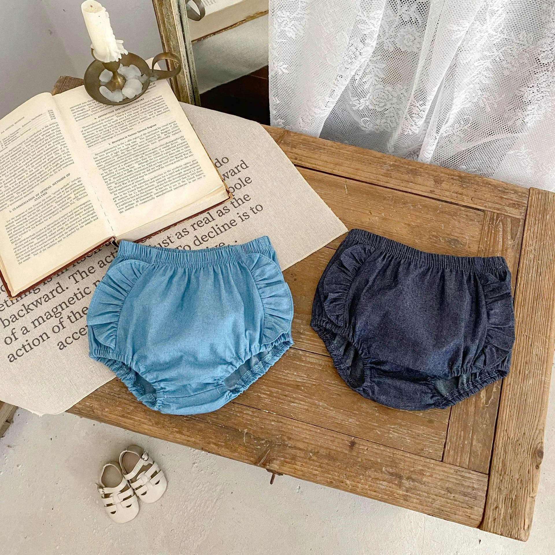 

MILANCEL Детская летняя одежда, однотонные джинсовые шорты для маленьких девочек, шаровары с рюшами для малышей, шорты из полипропилена для младенцев, От 0 до 3 лет