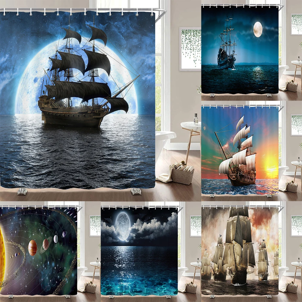 High Quality Vintage Ocean Sailboat Pirate ship Fabric Shower Curtain Waterproof Bath Curtains for Bathroom Decor with Hooks