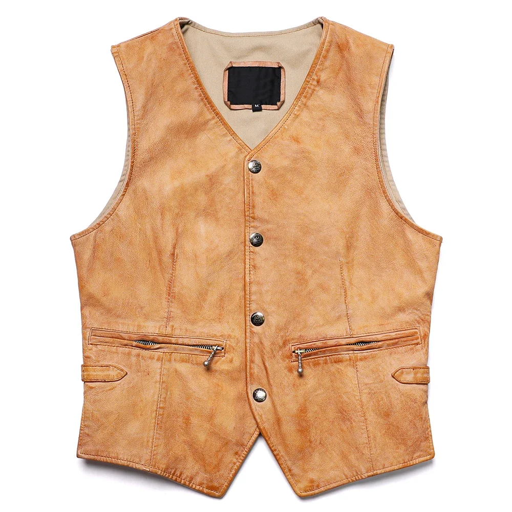 Retro Vintage Yellow Sheepskin Leather Vest Men's Goat Leather Sleeveless Jacket V-neck Amikaki Slim Short Waistcoat Man