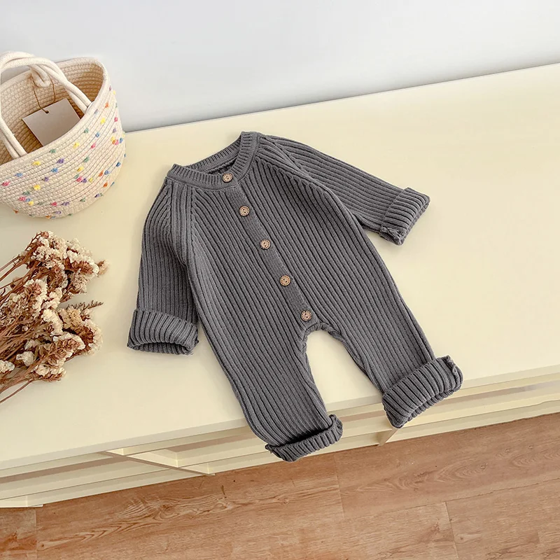 Herfst Pasgeborenen Korte Baby Meisjes Jongens Uit Één Stuk Kleding Gebreide Romper Effen Baby Jongens Jumpsuit Dikke Breigoed Outfits