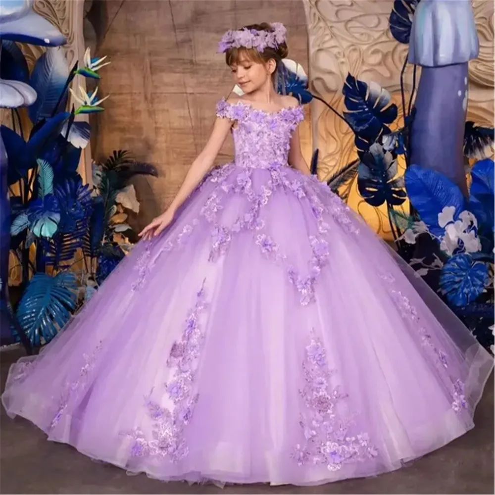 

Gorgeous Flower Girl Wedding Dresses Floral Appliques Off Shoulder Ball Gown Princess Birthday Party Banquet Dress Customized