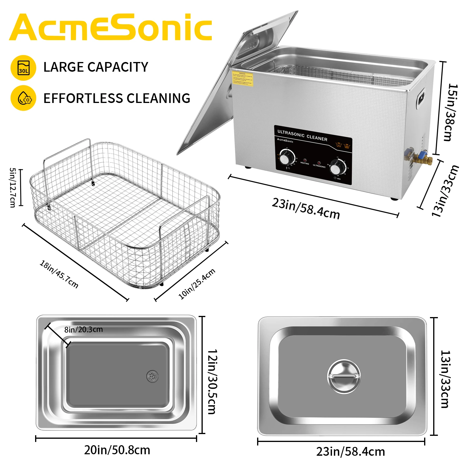 ACMESONIC Commercial Ultrasonic Cleaner 30L with Heater Powerful Clean 600w for Parts Motor Bike