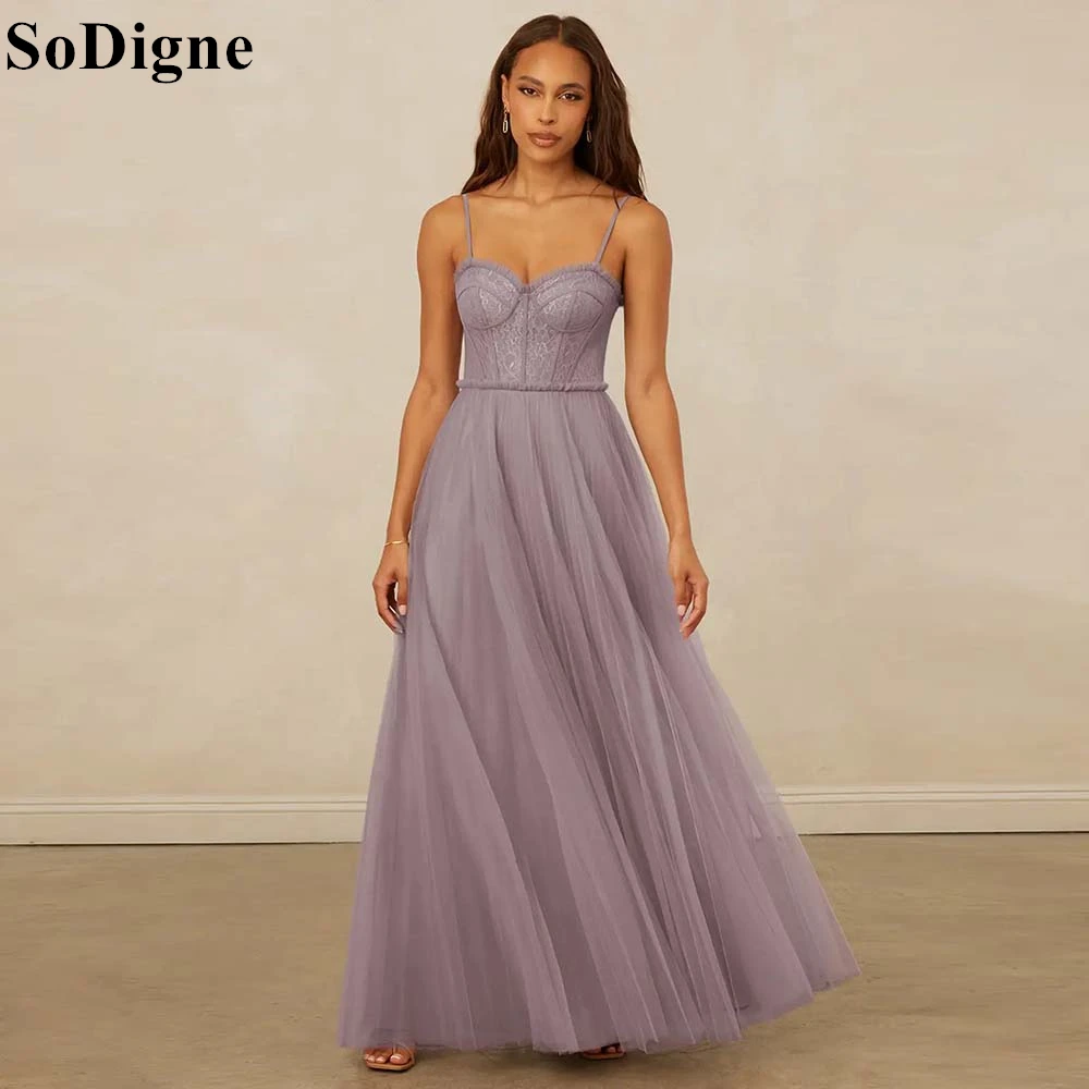 

SoDigne Elegant Dusty Rose Tulle Evening Dresses A-Line Spaghetti Strap Lace Pleated Party Dress 2025 Formal Prom Gown Customize