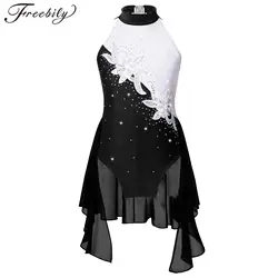 Kids Girls Figure Skating Costume Lyrical Dance Dress Ballet Gymnastics Leotard Sleeveless Shiny Rhinestone Sequins Dancewear
