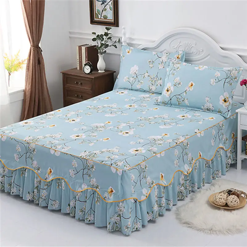 Bed Skirt Cotton Bedspread Set Embroidery Bed Dress Pillow Cases 3 Pieces/Set for King/Queen Double 1.2/1.5/1.8/2M Sheet Cover