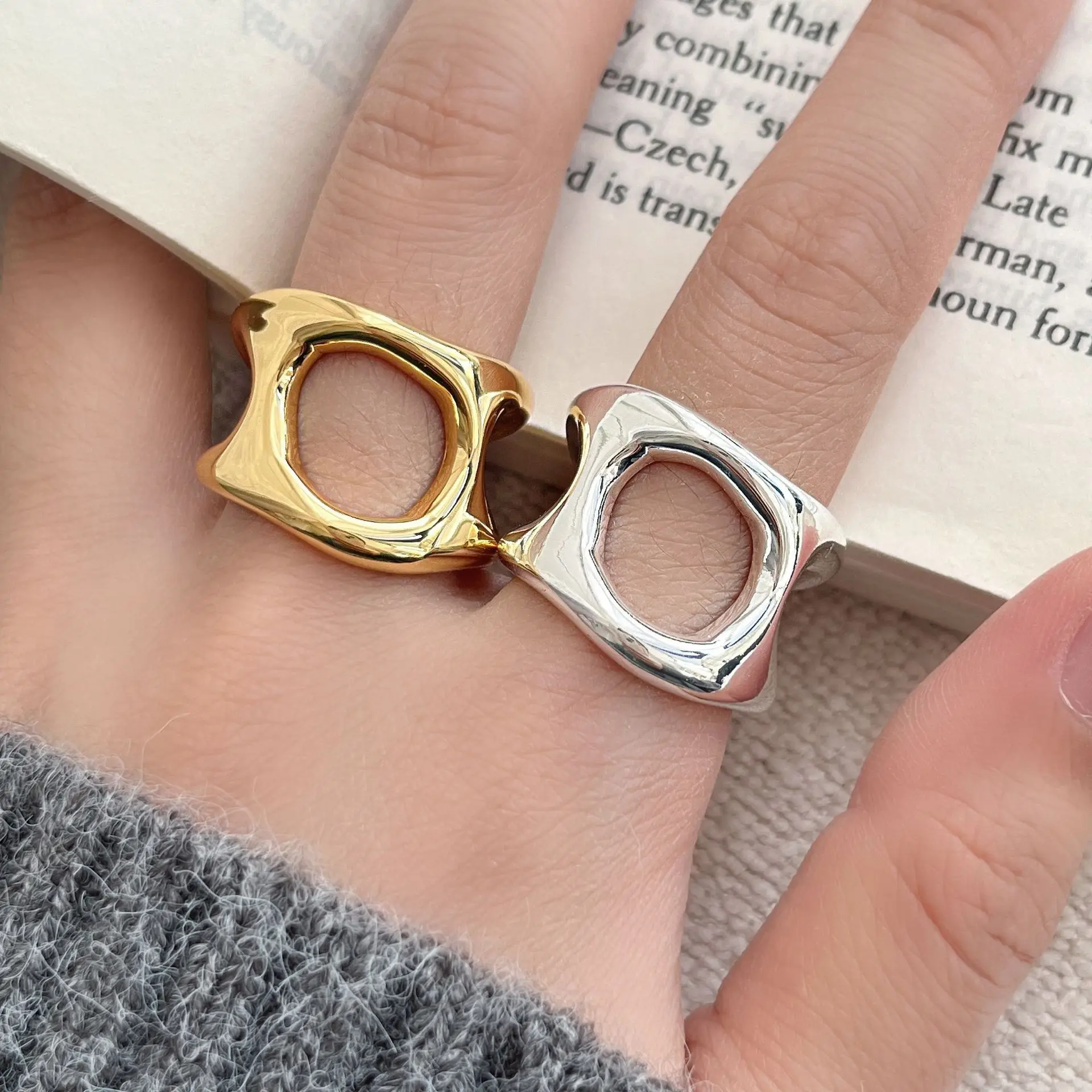 

Серебряное кольцо 925 пробы с открытым дизайном, широкое, ажурное, неправильной формы, с плетением, золотистого цвета, для женщин, ювелирное изделие, подарок, оптовая продажа, дропшиппинг