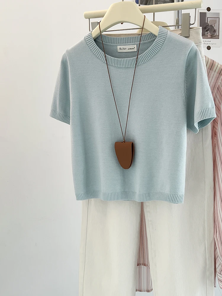 

2024 Elegant Women Knitted T-Shirts Fashion Korean Solid Color O-neck Tops Summer Vintage Casual Short Sleeve Tops