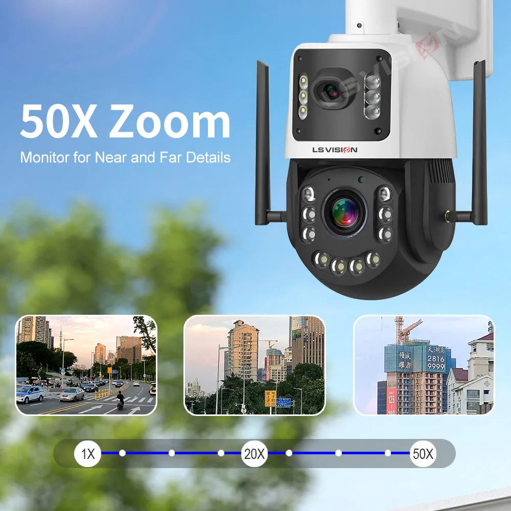 LS VISION 20W 야외 태양광 CCTV 카메라 4MP 듀얼 렌즈 및 50배 줌 24/7 방수 배터리 PTZ 플러드라이트 4G AOV 카메라