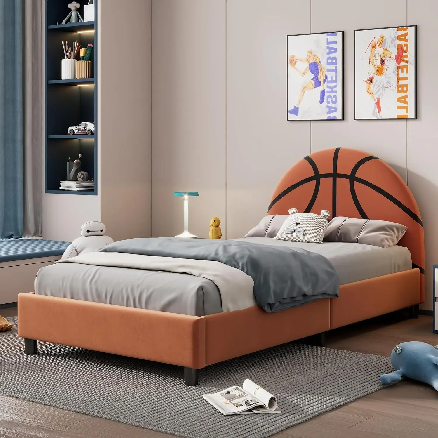 Design Twin Size Bed Frame for Kids,Twin Boys Bed Frame,Sports Theme Upholstered Platform Bed with Headboard for Boys,Girls,Oran