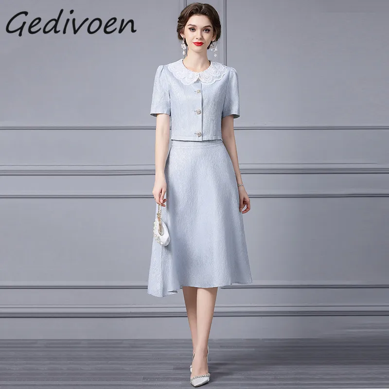 

Gedivoen Summer Fashion Runway Vintage Jacquard Skirt Set Women's Peter Pan Collar Single Breasted Top+Gathered Waist Skirt Suit