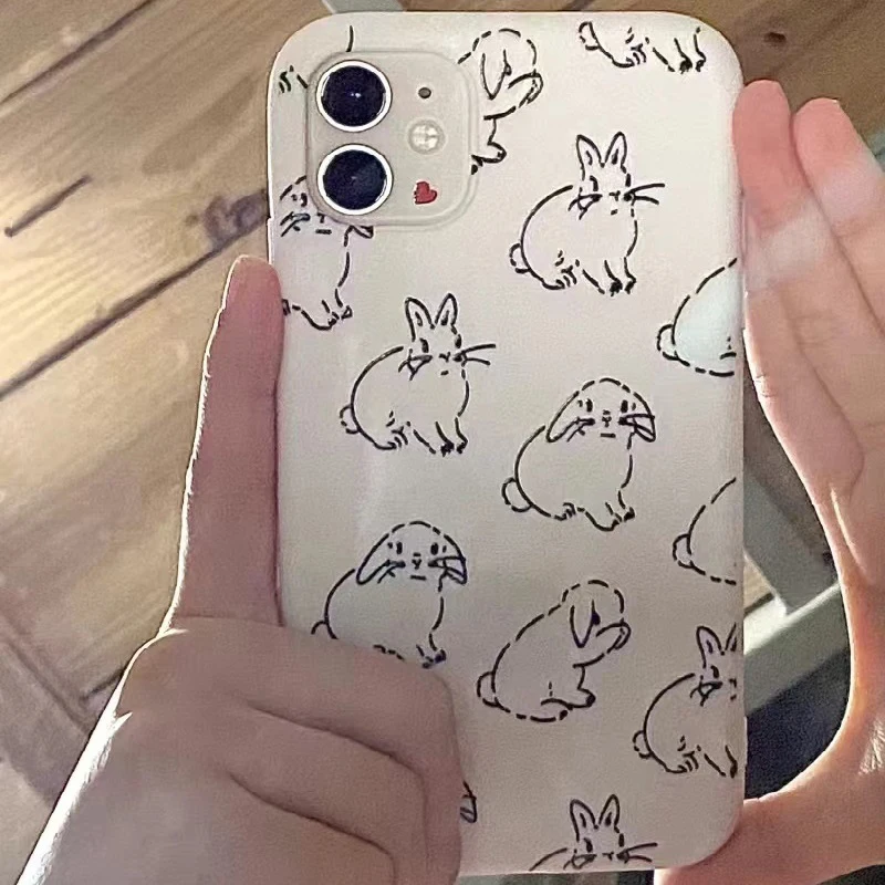 Cute Rabbit Phone Case for iPhone 16 15 14 13 12 11 Pro Max XS XR XSMax 6 7 8 Plus Cartoon Animal Glossy HD Hard PC Cover