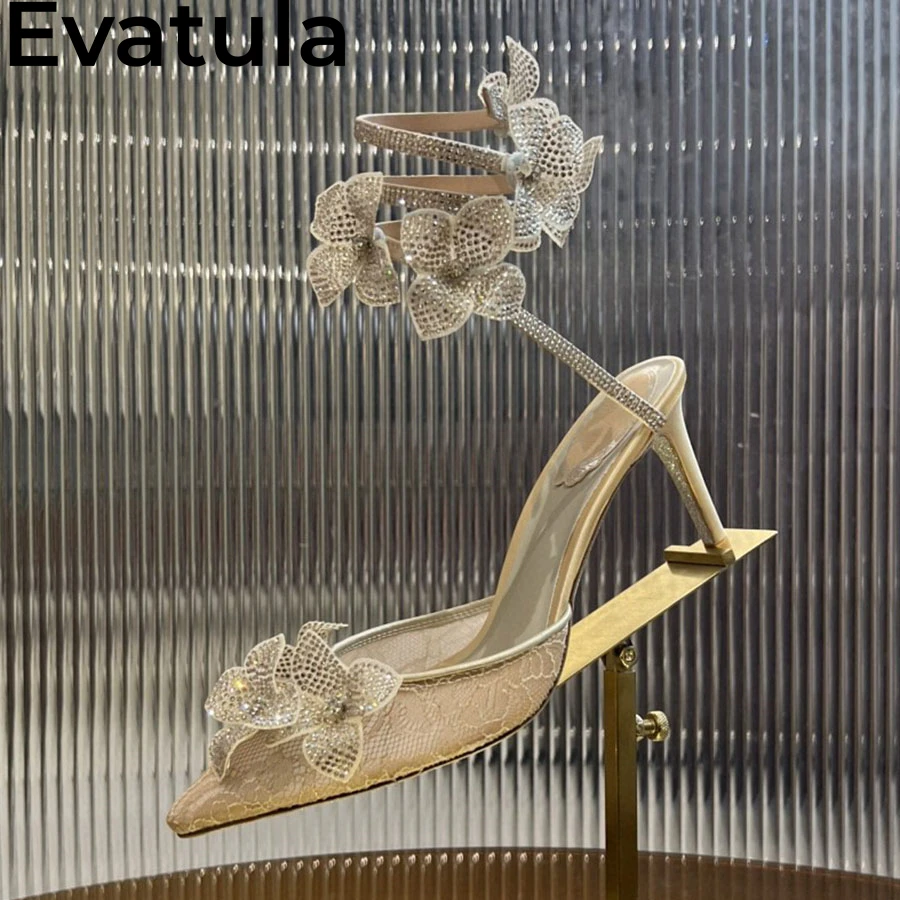 2025 Summer Blingbling Crystal Flower High Heel Sandals Women Pointy Toe Ankle Wrap Stilettos Sexy Party Wedding Bride Shoes