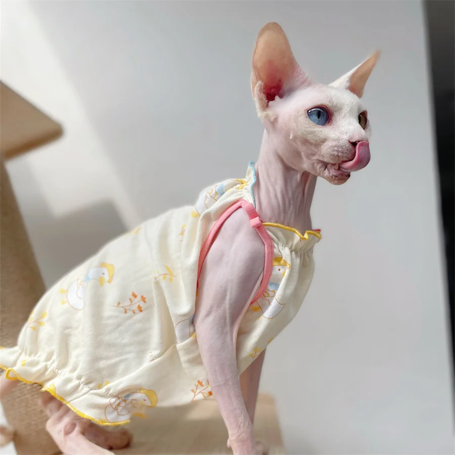 Sweet Cotton Lace Dress for Sphynx Cat Summer Cute Duck Vest for Female Kittens Soft Beige pajamas for Devon Rex T-Shirt for Cat