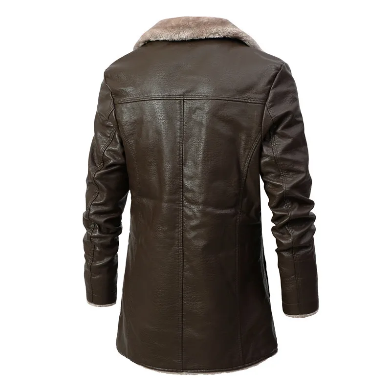 2024 Men\'s Mid-length Leather Jacket Middle-aged Autumn and Winter Business Fleece Big Lapel Blazer Fur Plush Mens Trench Coat