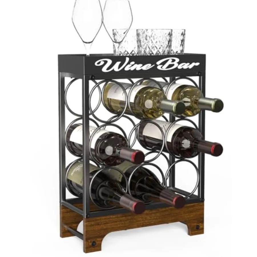 

Настольная винная полка - отдельно стоящая на 9 бутылок с верхним подносом, современная черная металлическая и деревянная 3-х уровневая настольная подставка для вина для Hom