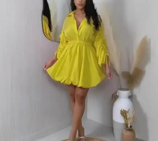 

2025 Leisure Commuting Drawstring Sleeve Waist,fluffy Lapel Long Sleeved Dress,autumn Women's Solid Color Elegant Slim Fit Dress