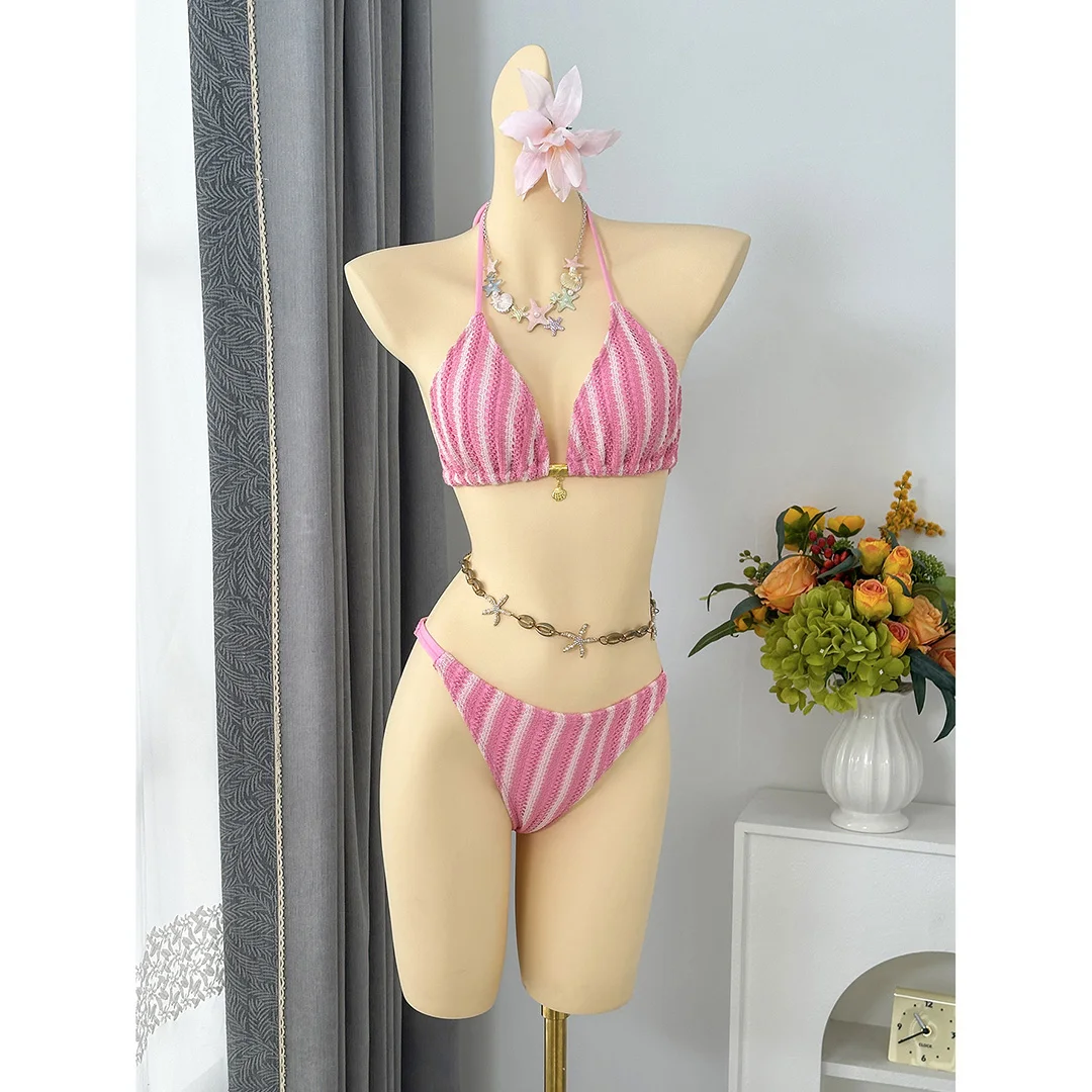 5 Farben mit Hose, gestreifter Neckholder-Bikini, Damen-Badebekleidung, dreiteiliger Bikini-Set, Badeanzug, Badebekleidung, Schwimmbekleidung V7838P – Detail 10