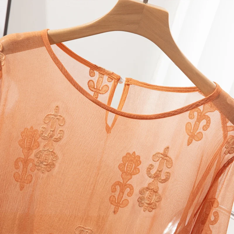 100% Maulbeerseide Damen Langarmbluse Orange Stickerei Seide Dünn Transparent Rundhals Shirt Top Pullover Sommer QQ015