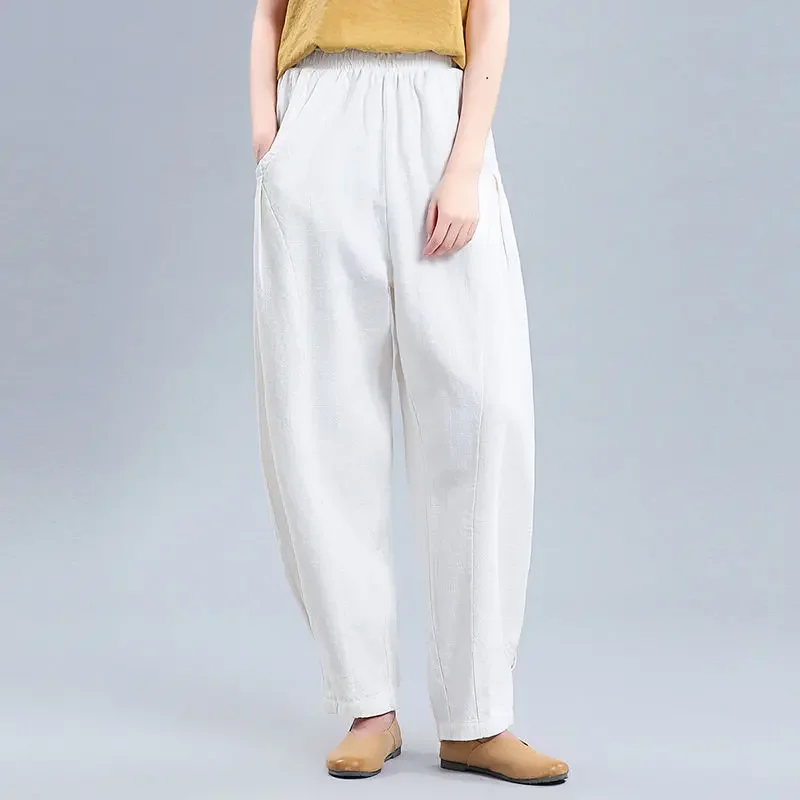

Женские брюки из хлопка и льна, свободные классические оригинальные наряды Harajuku, удобные эластичные мешковатые брюки 90-х годов для женщин