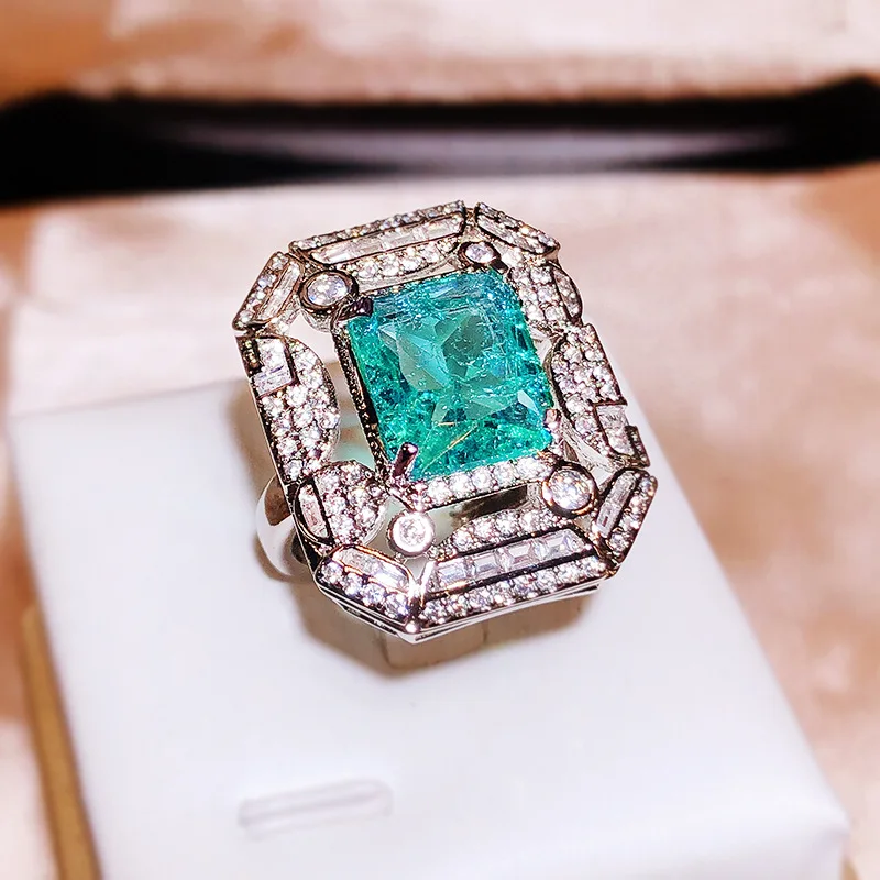 Geometric Square Green Zircon Ring Luxury White Full Diamond Opening 925 Sterling Silver Women\'s Jewelry High-end Banquet Ring