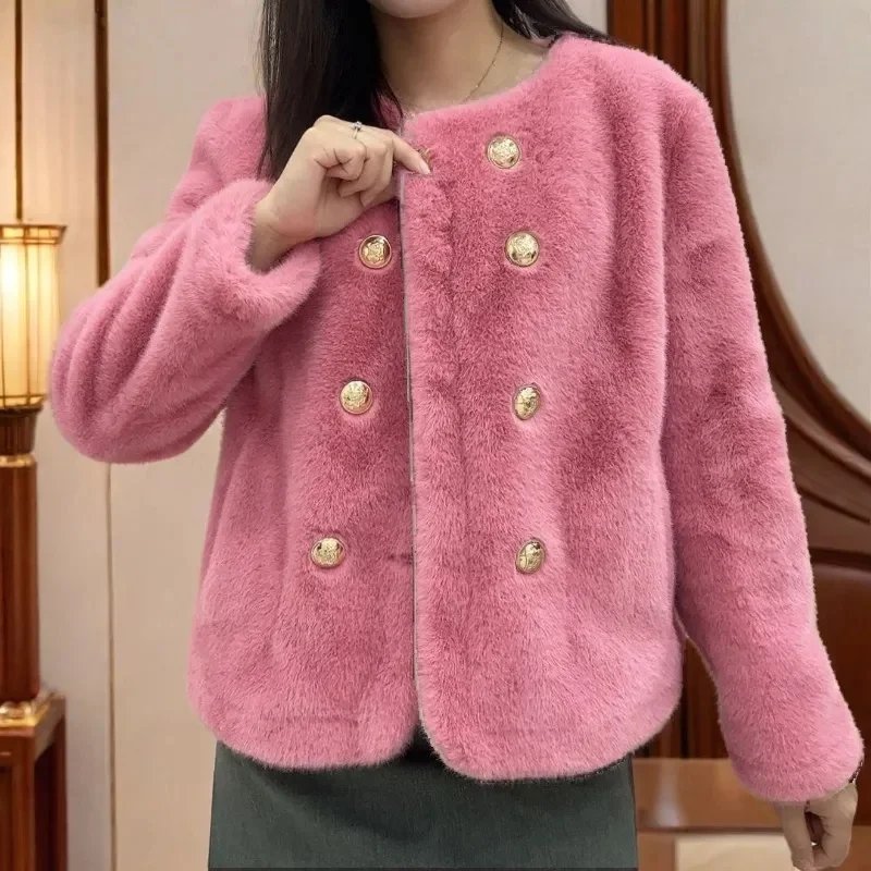 

Autumn Winter Women Round Neck Mink Fur Short Jacket 2025 Female Solid Color Tops Coat Korean Lady Fashion Fur One-piece Outwear