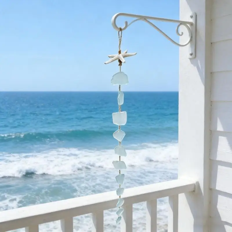 L9BE Handcrafted Multicolored Sea Glass and Resins Starfishes Wind Chimes Sandblasted Glass Hanging Ornament Outdoor Decors