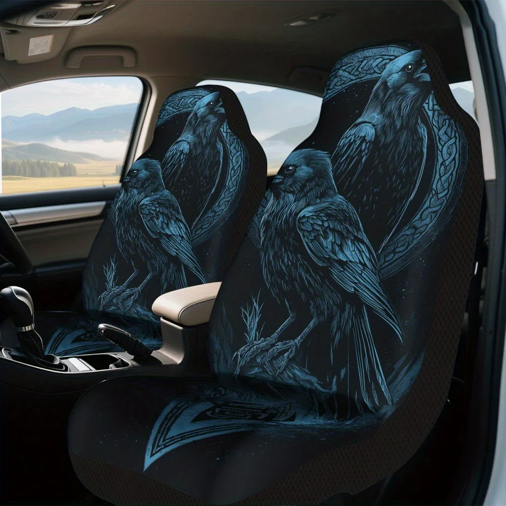 2pcs Viking Raven Design Print Car Seat Covers – Front Seat Protectors For Cars, SUVs & Sedans, Durable And Easy To Install, En