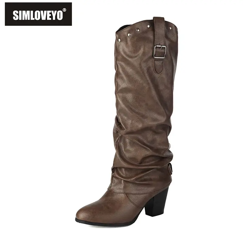 

SIMLOVEYO 2025 Зимние женские сапоги до колена с круглым носком на блочном каблуке 7 см, распродажа на заклепках без шнуровки, большие размеры 46-48, желтые ботильоны