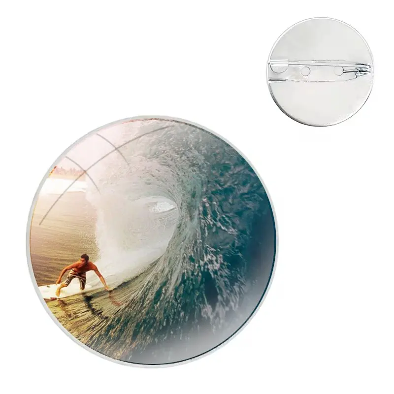 Sea Waves Surf Surfboard Glass Dome Brooches Shirt Lapel Bag Cute Badge Pins For Clothes Hat Accessories