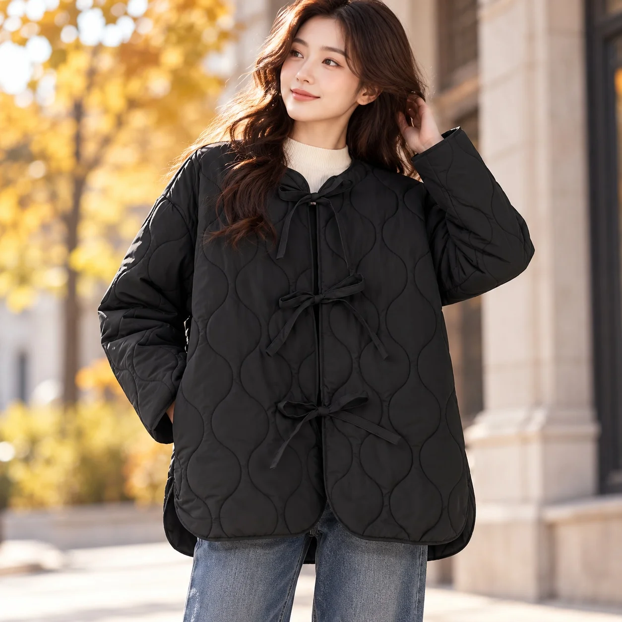 Butterfly Knot Bow Coat Mid Length Commuter Chic with Loose Fit Long Sleeves Thick Regular Sleeve Round Neck Autumn for Women