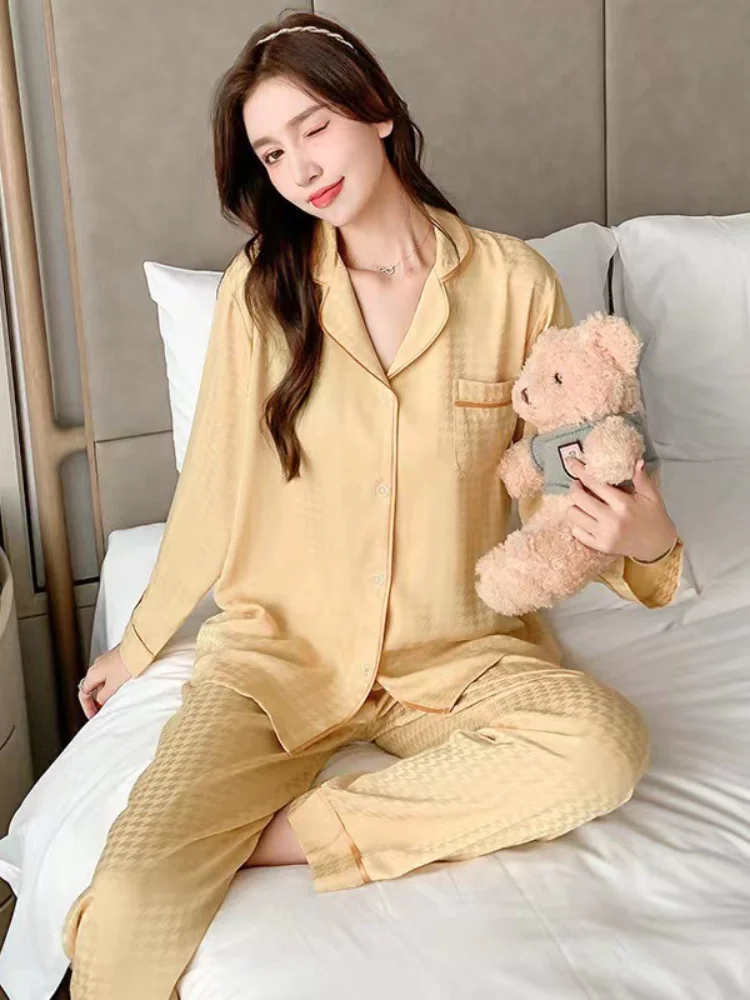 

Женская одежда, пижамы из ледяного шелка, брюки с длинными рукавами, жаккардовая домашняя одежда, тонкая версия, удобный костюм