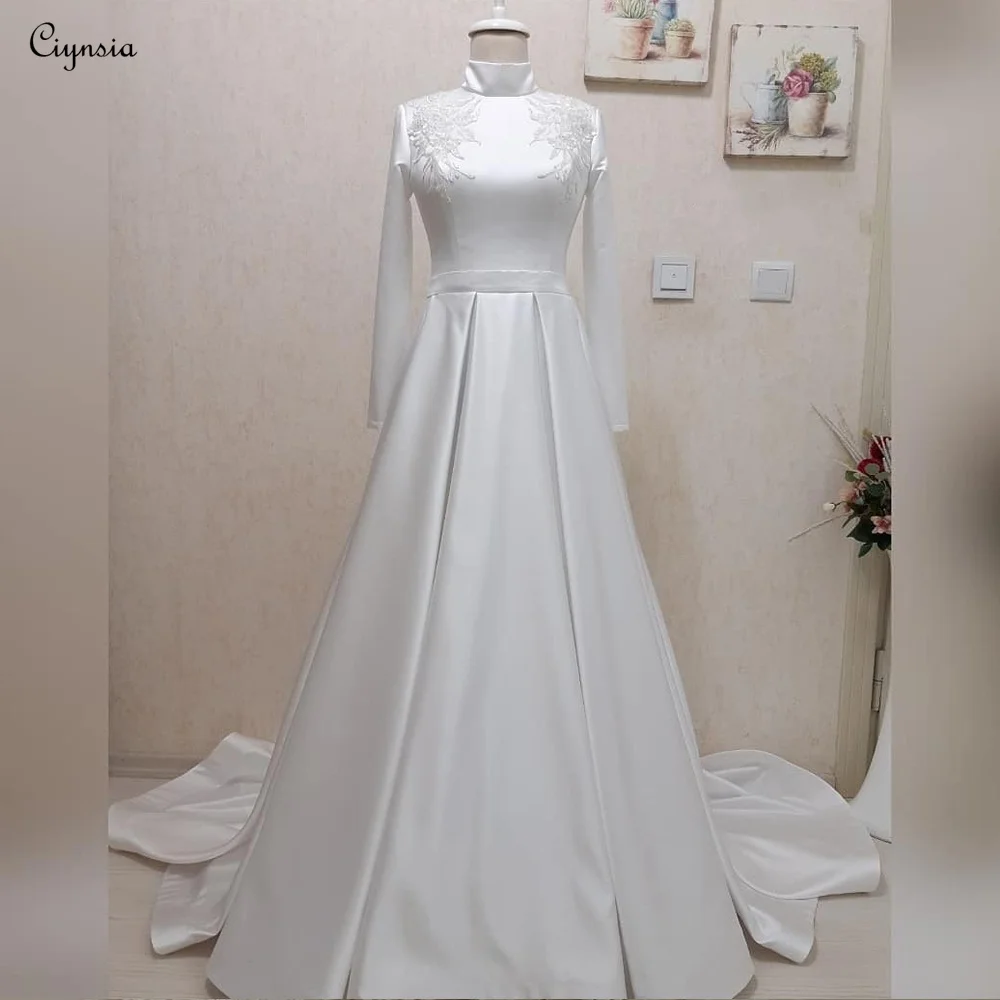 Ciynsia Elegant Muslim Long Sleeve Wedding Dress Lustrous Satin A-line Appliques Bride Bridal Gowns Vestido De Noiva Casamento