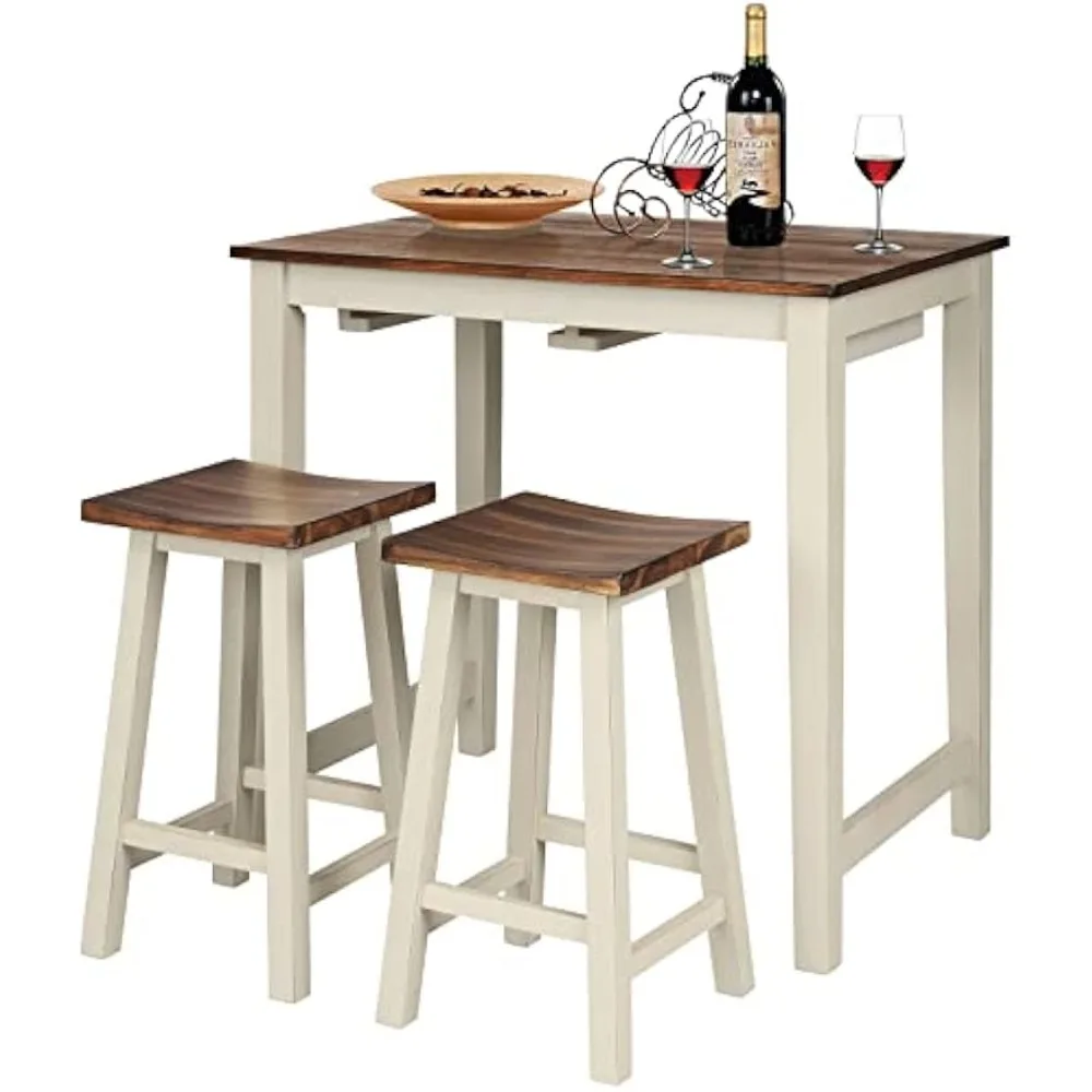 3 Pieces Dining Set, Counter Height Pub Table Set with 2 Saddle Stools, Industrial Wood Breakfast Table Set for Bar