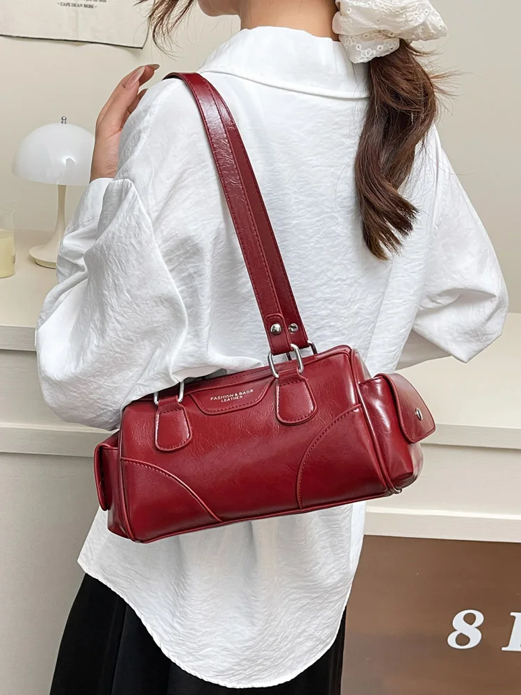

High End Burgundy Shoulder Bag for Women Chic Retro Letter Pockets Design PU Underarm Bags Fashion Temperament Ladies Handbags