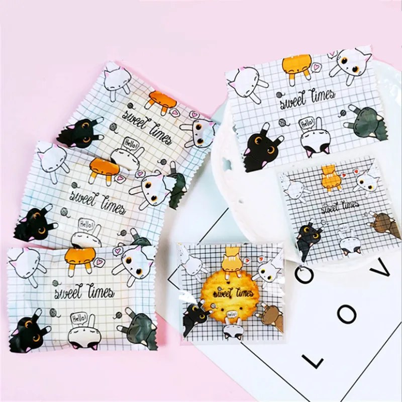 100 Pcs/lot Cartoon Cat Sweet Times Package DIY Snowflake Packaging Nougat Cookie Self-Adhesive Machine Sealing Bags